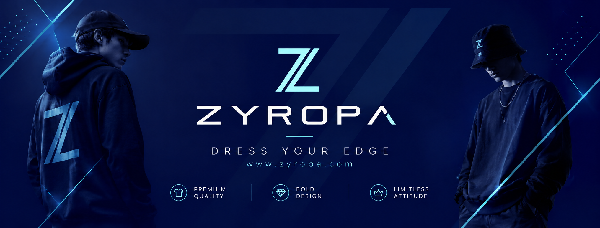 ZYROPA — Dress your edge. Navy streetwear with the cyan ZYROPA monogram. Premium quality. Bold design. Limitless attitude.